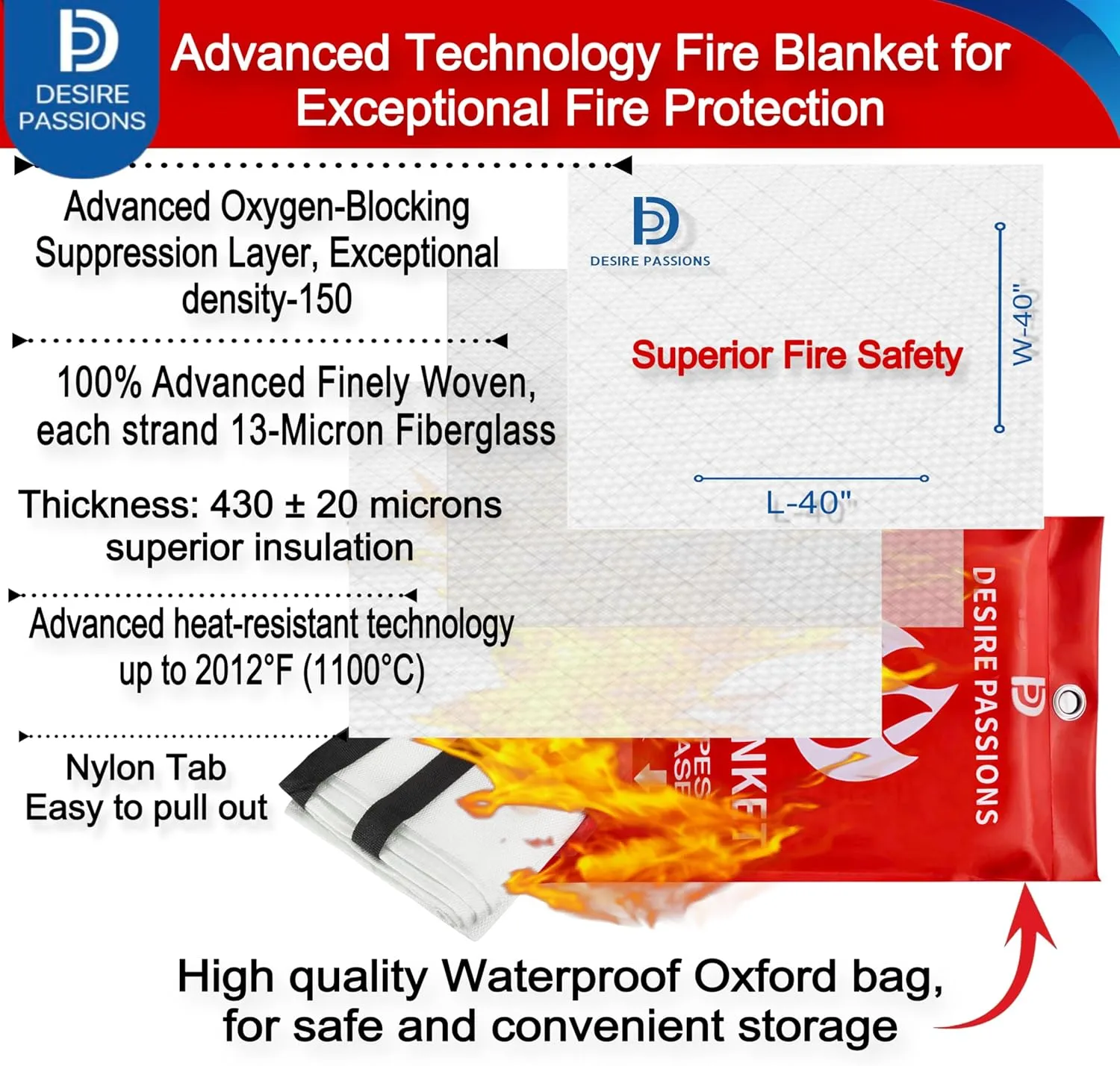 “Emergency Fire Blanket - Fire Suppression Blanket for Home, Kitchen, Garage, Camping, School & Office -Flame Retardant -40”x40” for Quick Smothering & Fire Safety (Pack of 4)