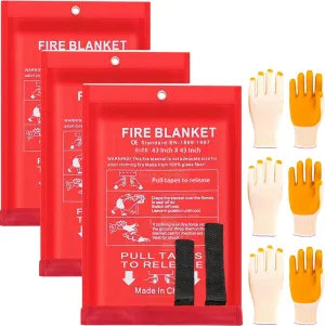 Emergency Fire Blanket Fire Suppression Blanket for Kitchen Home,Fireplace,Grill,Office (43 Inch&3 Set with 3 Gloves)