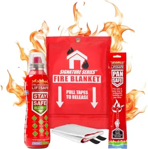 Emergency Fire Safety Kit with StaySafe All-in-1 Portable Extinguisher, PanSafe Fire Extinguishing Sache and Signature Series Fire Blanket | Be Prepared For All Types of Fires Before They Spread