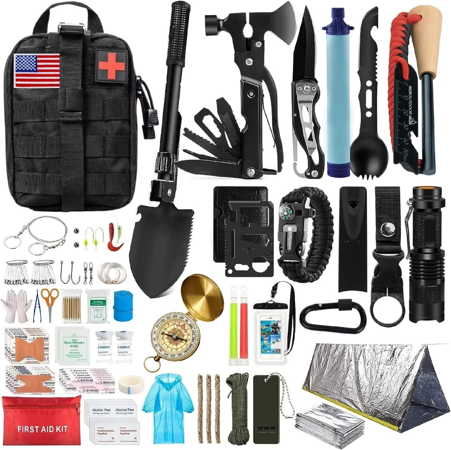 Emergency Survival Kit and First Aid Kit for Outdoor, Professional Outdoor Tools for Camping, Outdoor, Adventure, Hiking and Hunting, Survival Gear with Molle System