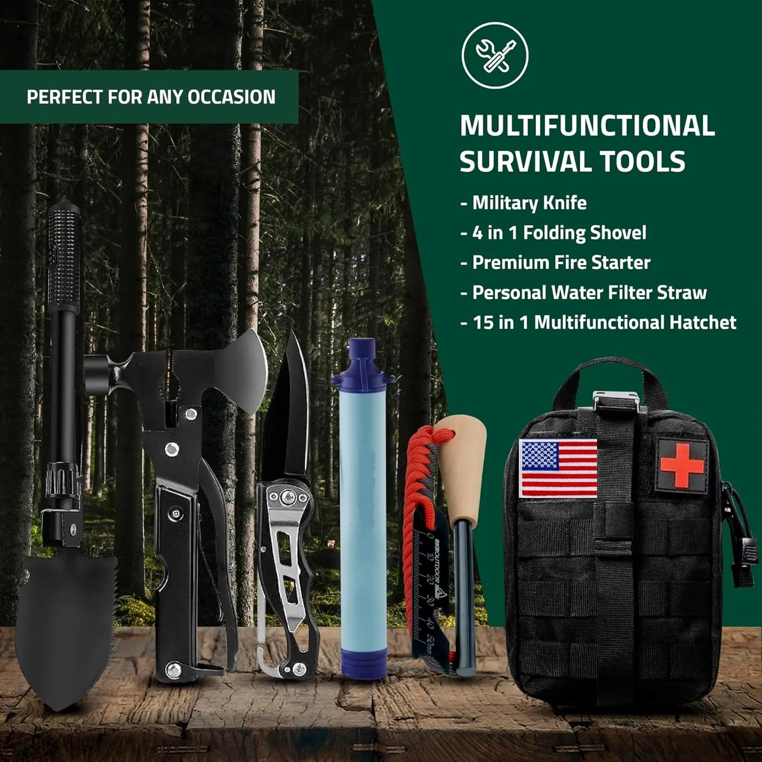 Emergency Survival Kit and First Aid Kit for Outdoor, Professional Outdoor Tools for Camping, Outdoor, Adventure, Hiking and Hunting, Survival Gear with Molle System