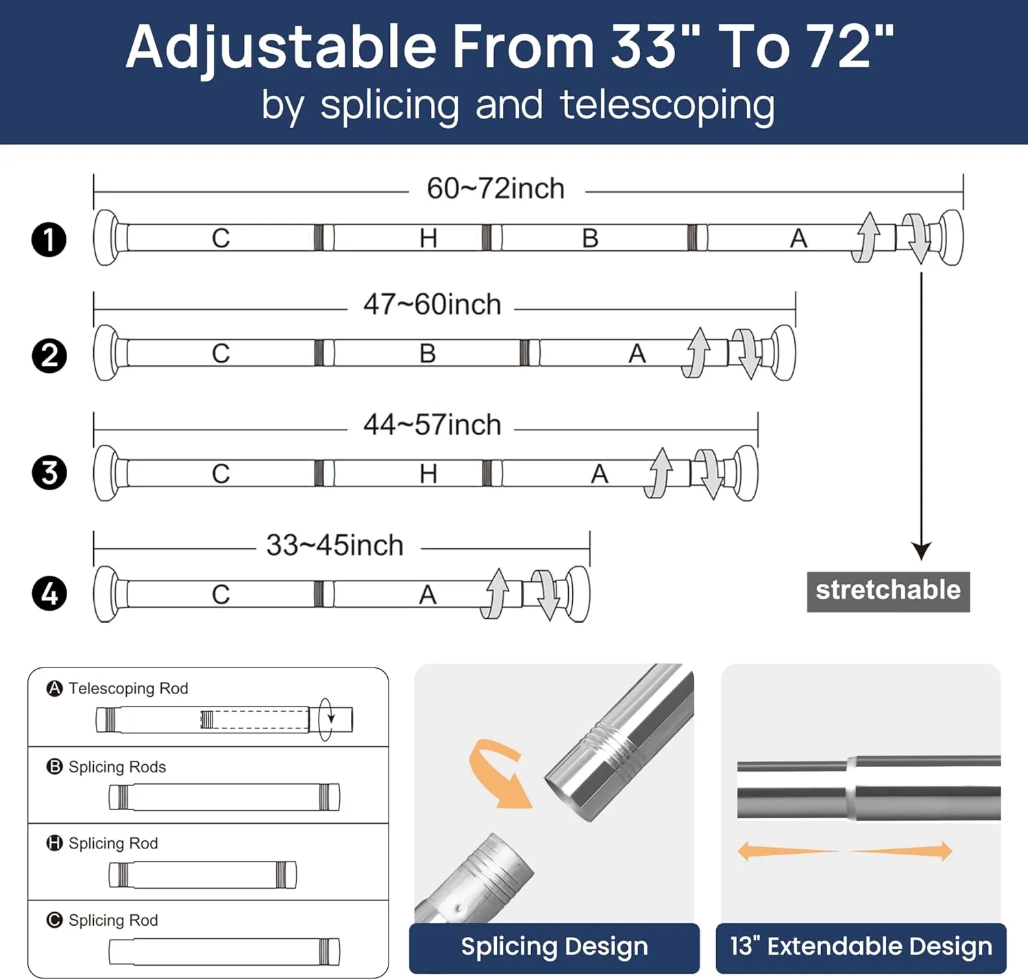 ENJOYBASICS Shower Curtain Rod 33 to 72 Inches, 1 Inch Stainless Steel Adjustable Spring Tension Rods No Drill for Bathroom, Closet, Window, Room Divider, Never Rust, Non Slip, Chrome