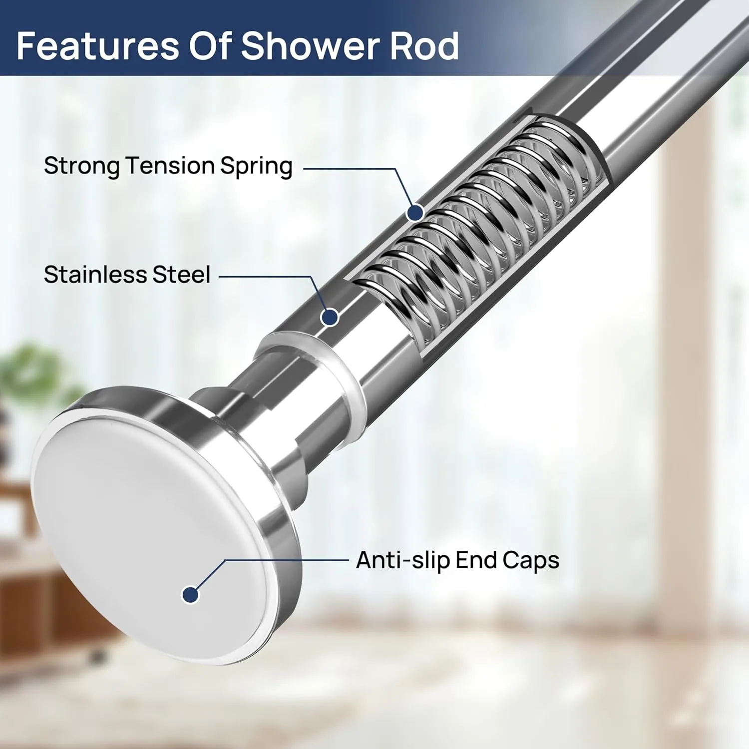 ENJOYBASICS Shower Curtain Rod 33 to 72 Inches, 1 Inch Stainless Steel Adjustable Spring Tension Rods No Drill for Bathroom, Closet, Window, Room Divider, Never Rust, Non Slip, Chrome