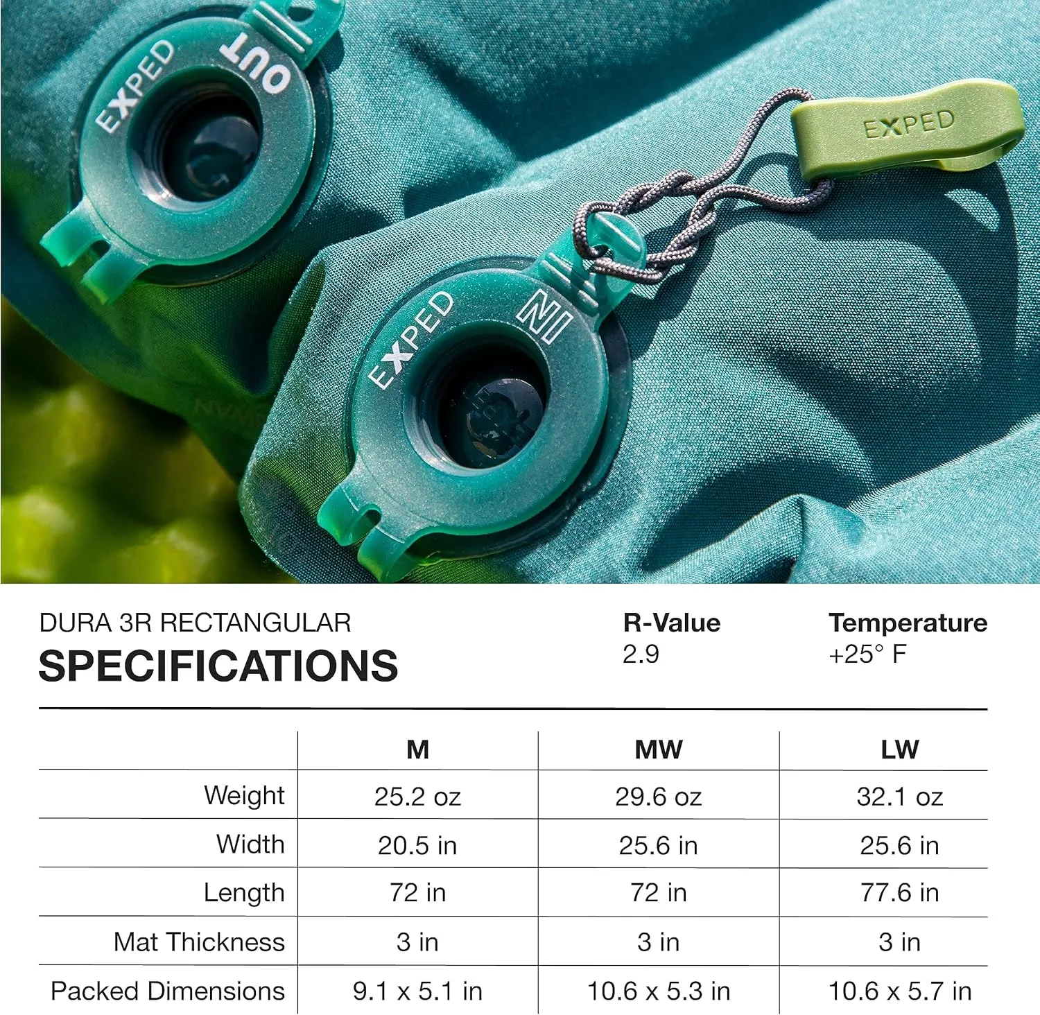 Exped Dura 3R | Abrasion Resistant | Insulated and Comfortable | 25 Degree Sleeping Pad, Cypress, Long Wide