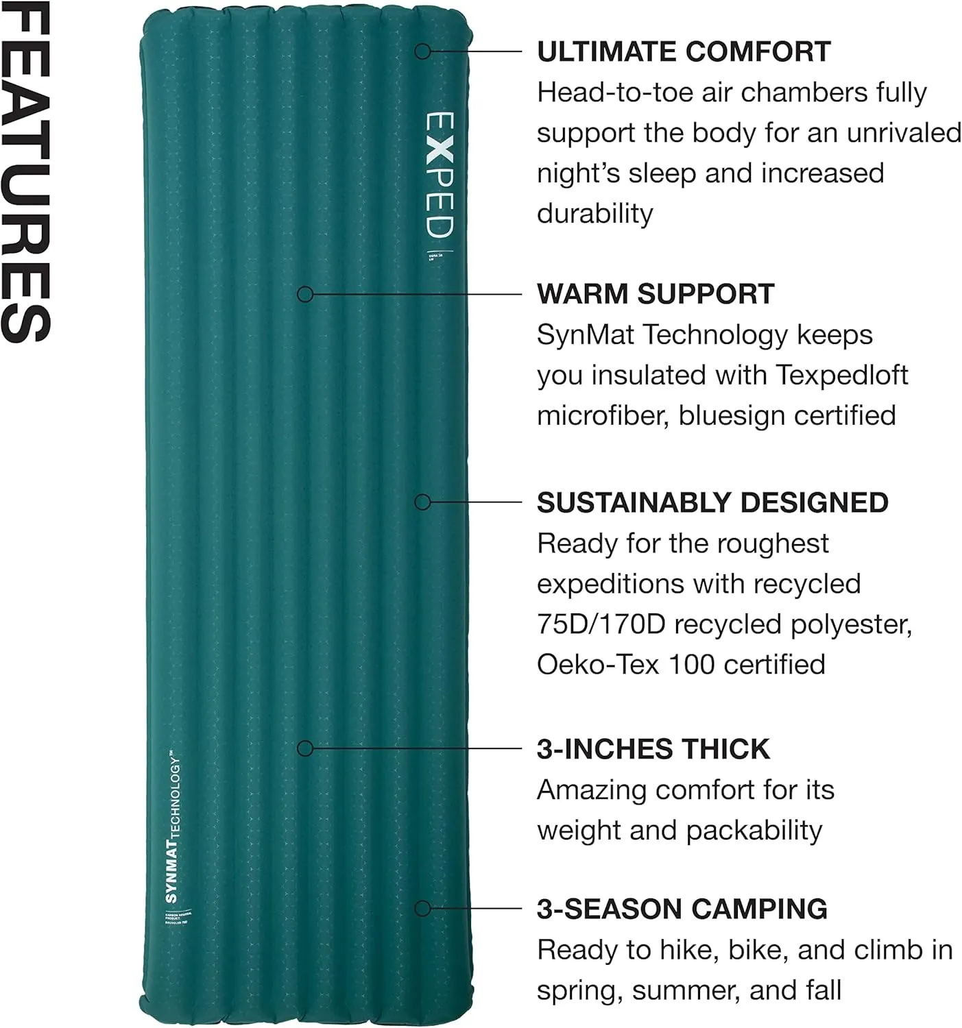 Exped Dura 3R | Abrasion Resistant | Insulated and Comfortable | 25 Degree Sleeping Pad, Cypress, Long Wide