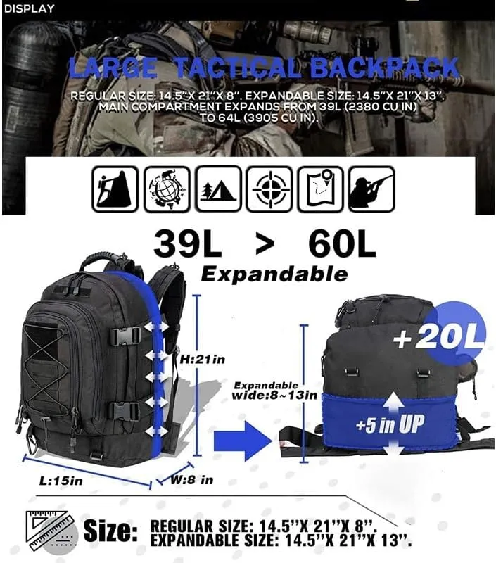 Extra Large 60L Tactical Backpack for Men Women Outdoor Water Resistant Hiking Travel Laptop Bag(BK)