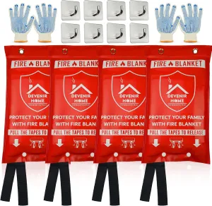 Extra Large Fire Blanket - 48”x 48” Pack of 4 Blankets with 8 Hooks and 4 Gloves, Fire Blankets Emergency for Home, Car, Kitchen, Warehouse, Outdoor, and Camping Safety