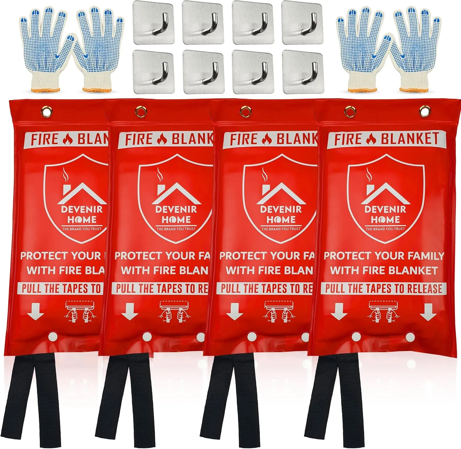 Extra Large Fire Blanket - 48”x 48” Pack of 4 Blankets with 8 Hooks and 4 Gloves, Fire Blankets Emergency for Home, Car, Kitchen, Warehouse, Outdoor, and Camping Safety