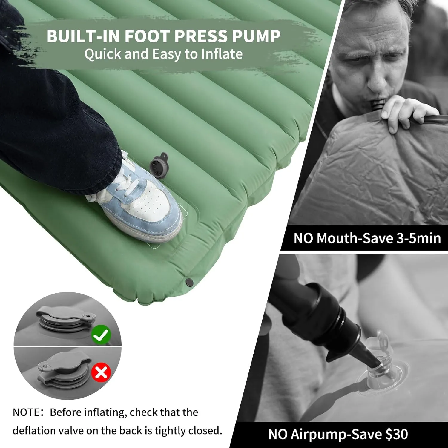 Extra Thick 4 Inch Camping Sleeping Pad, Splicable Ultralight Sleeping Pad with Pillow, Built-in Foot Pump, Lightweight Sleeping Mat for Camping Backpacking, Hiking, Tent (Green)