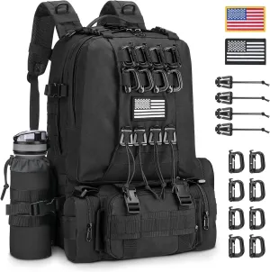 EZshoot Tactical Backpack for Men 60L Large Tactical Military Backpack Army Assault Pack Bug Out Bag Molle Bag with Water Bottle Holder for Outdoor Hiking Camping Hunting Detachable Rucksack Black