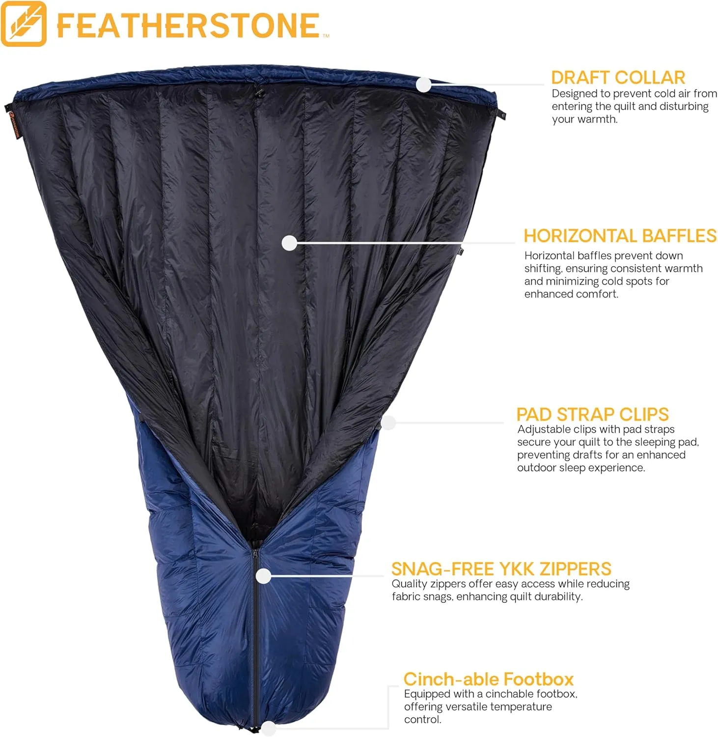 Featherstone Moondance 25 850 Fill Power Down Top Quilt Mummy Sleeping Bag Alternative for Ultralight Backpacking Camping and Thru-Hiking Color: Navy/Grey