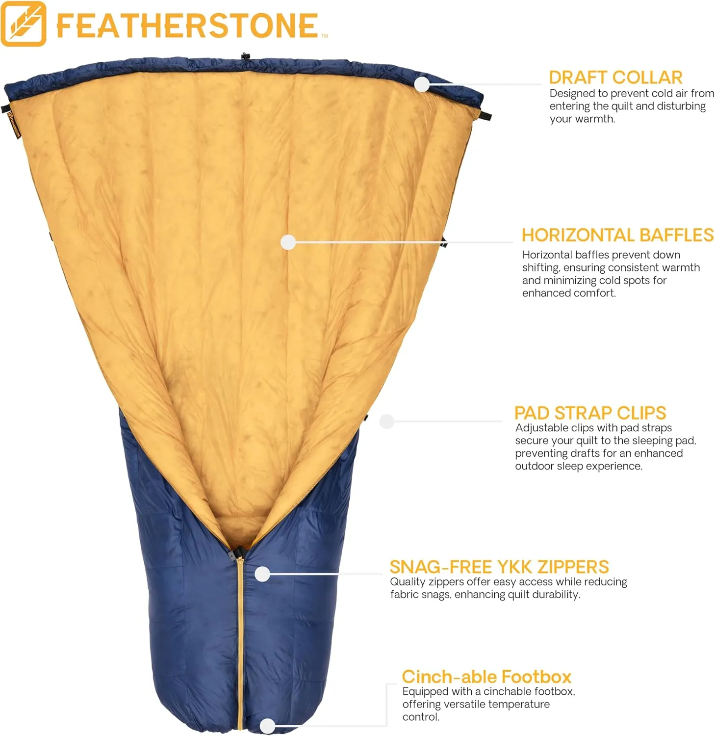 Featherstone Moondance 25 850 Fill Power Down Top Quilt Mummy Sleeping Bag Alternative for Ultralight Backpacking Camping and Thru-Hiking Color: Navy/Marigold