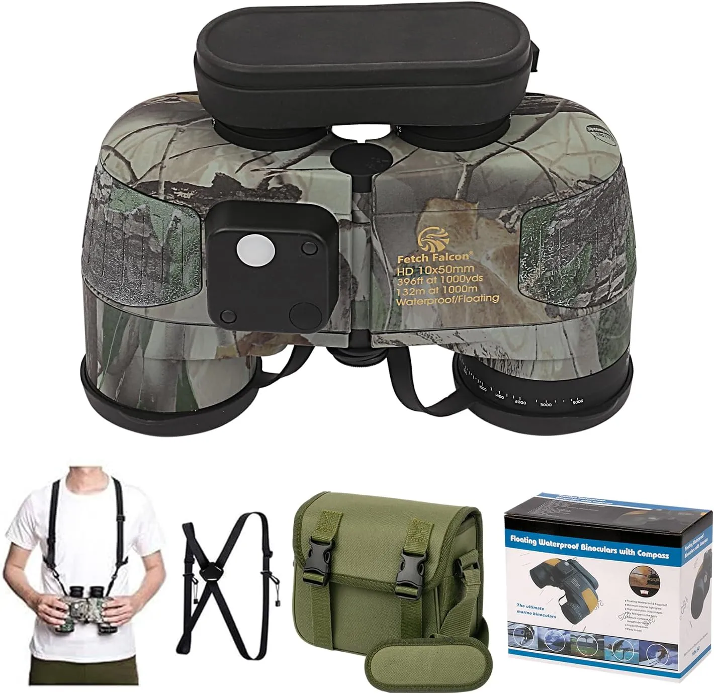 Fetch Falcon10x50 Military Nitrogen Filled Binoculars BAK4 FMC IPX7 Waterproof Compact Binoculars for Adults High Powered for Travel,Marine,Bird Watching and Outdoor Sports (Camo Maple Leaf Compass)