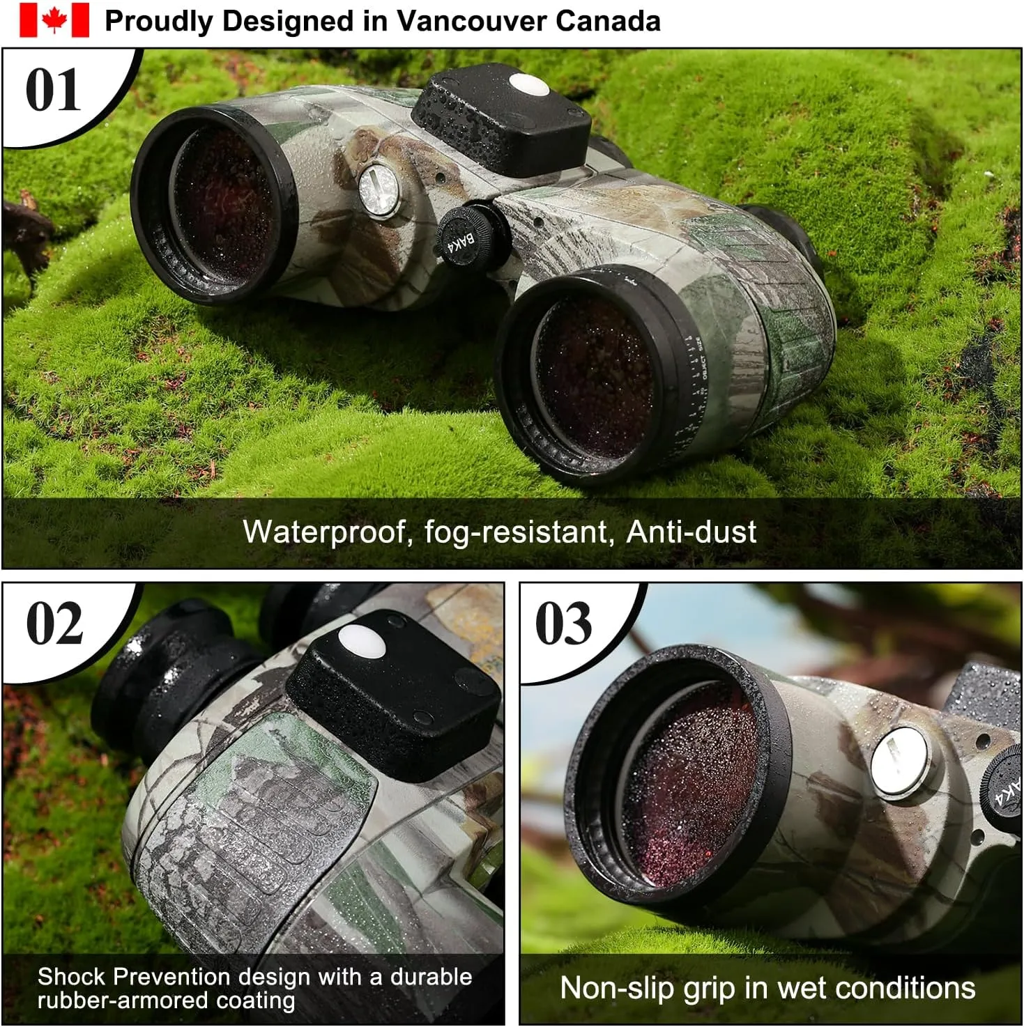 Fetch Falcon10x50 Military Nitrogen Filled Binoculars BAK4 FMC IPX7 Waterproof Compact Binoculars for Adults High Powered for Travel,Marine,Bird Watching and Outdoor Sports (Camo Maple Leaf Compass)