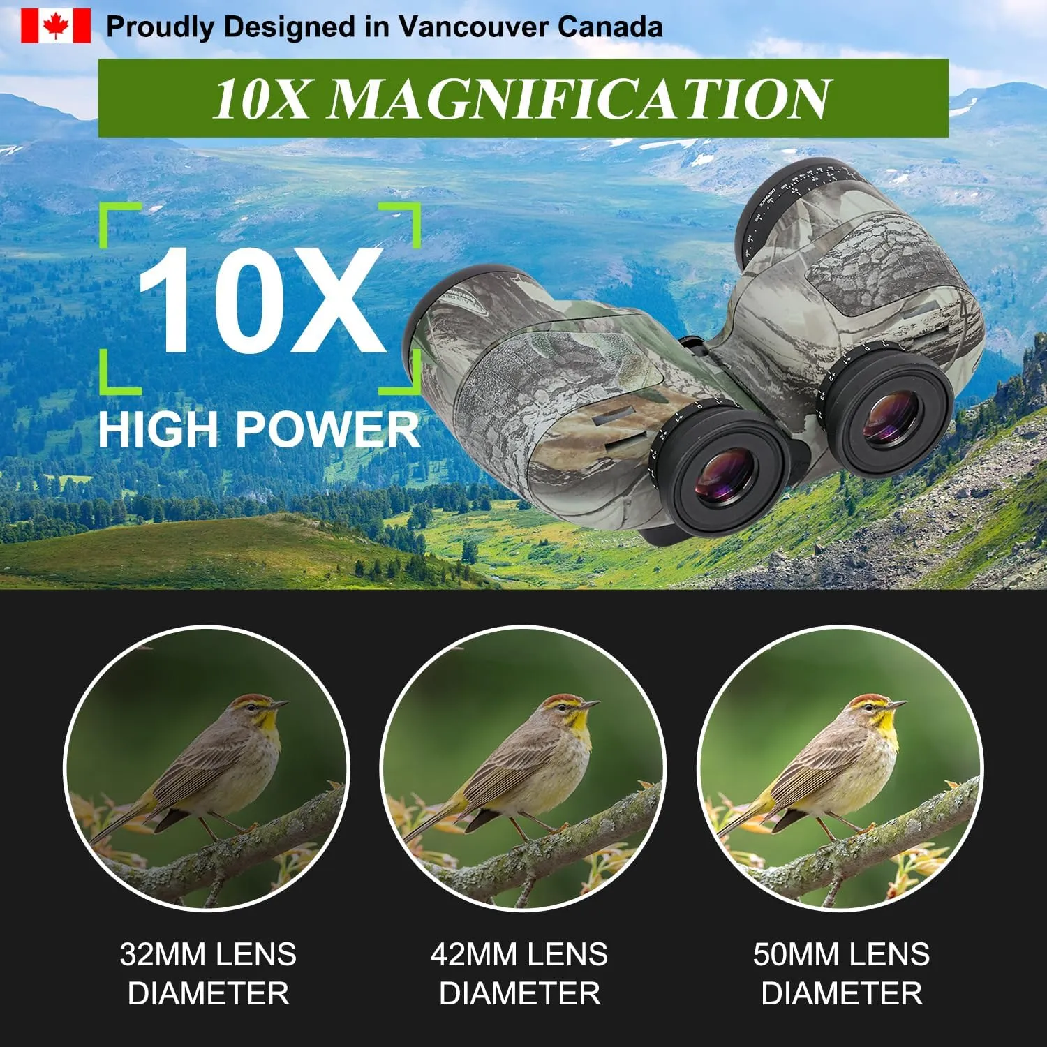 Fetch Falcon10x50 Military Nitrogen Filled Binoculars BAK4 FMC IPX7 Waterproof Compact Binoculars for Adults High Powered for Travel,Marine,Bird Watching and Outdoor Sports (Camo Maple Leaf Compass)