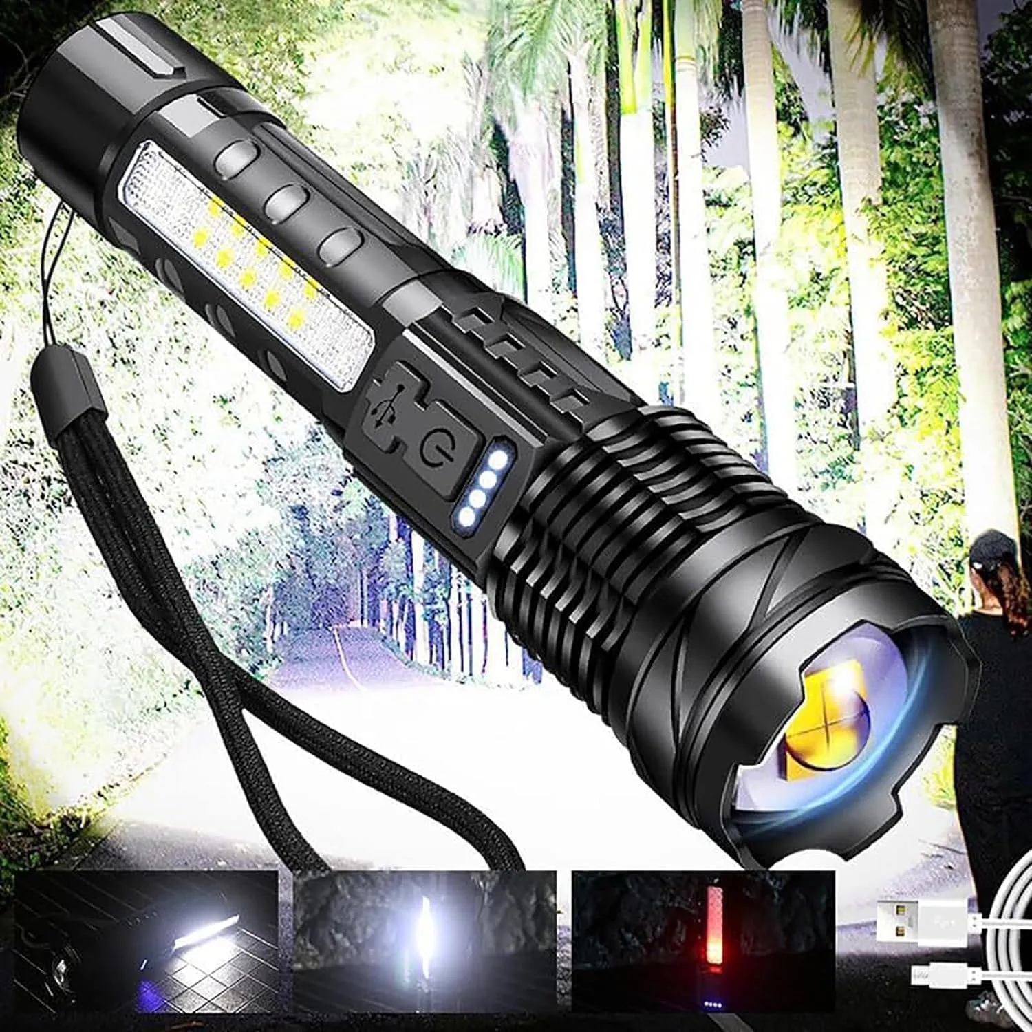 FETNHU Observatioy Flashlight, Observatioy Outdoor Lighting White Laser Flashlight, Observatory Flashlight with Cob Warning Side Work Light, USB Tactical Flashlight Rechargeable (2PCS)