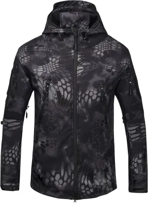 Finelylove Men's Military Tactical Jacket Camo Fleece Lined Softshell Rain Jacket Waterproof Raincoat for Hunting Hiking