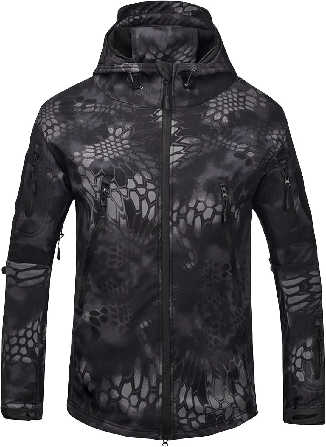 Finelylove Men's Military Tactical Jacket Camo Fleece Lined Softshell Rain Jacket Waterproof Raincoat for Hunting Hiking