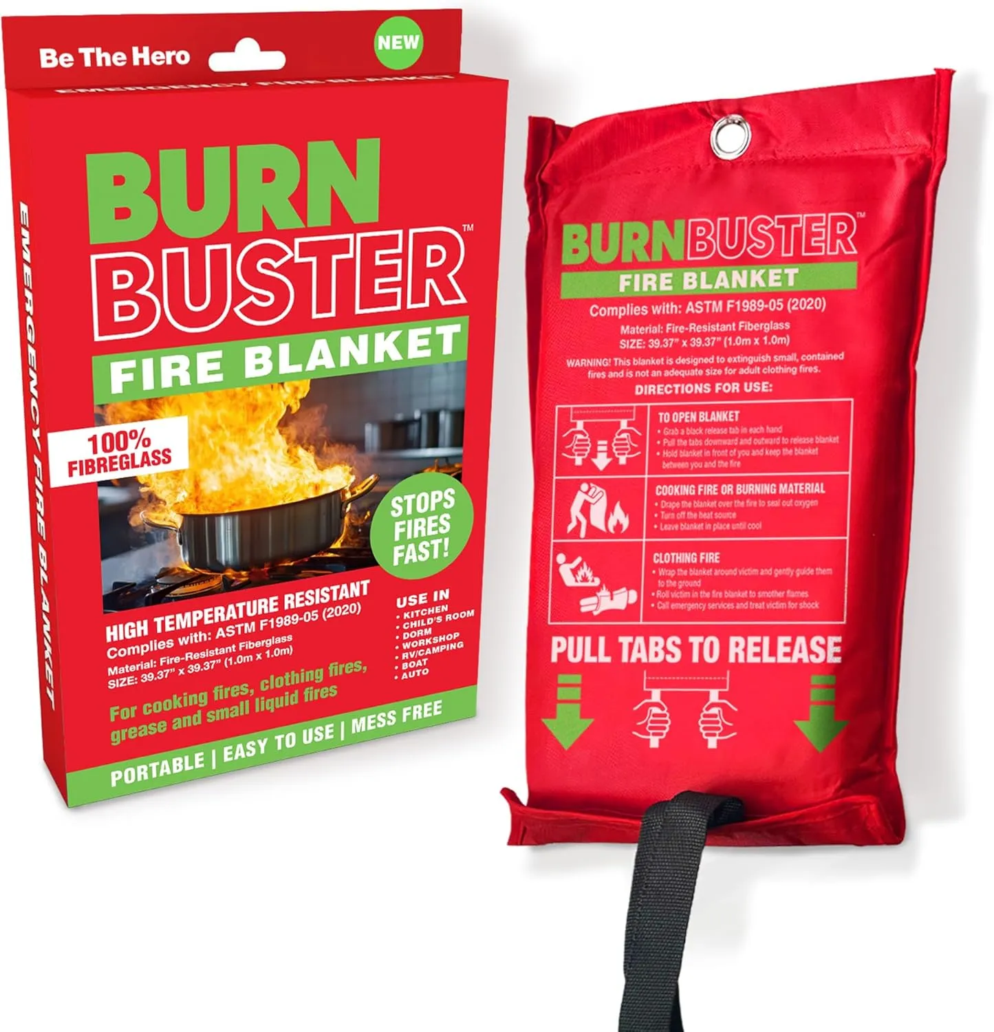 Fire Blanket – ASTM Certified Fire Suppression Blanket for Kitchen, Grill, Campfire & Emergency Use – 40" x 40", No Mess, Easy Deployment