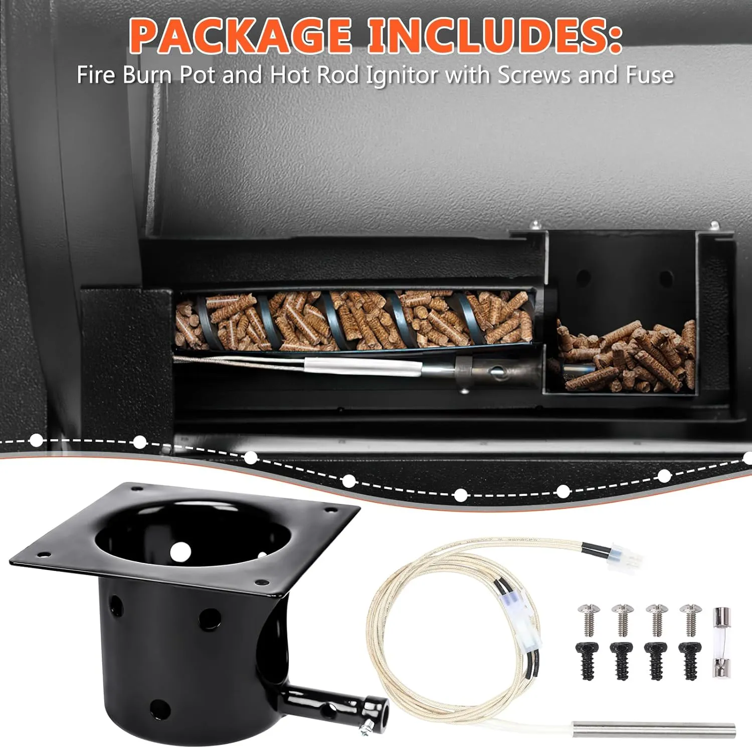Fire Burn Pot and D2 Hot Rod Ignitor Kit for Traeger Pro 575 & 780, Ironwood 650 & 885, Silverton 620 & 810 Wood Pellet Grills with D2 Direct Drive and WiFIRE Technology, Porcelain-Enameled Fire Pit