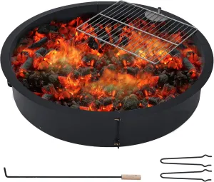 Fire Pit Ring with Grill Grate, 36" x 36" x 7.8" Steel Firepit Cooking Ring, Black, Round, Wood Compatible