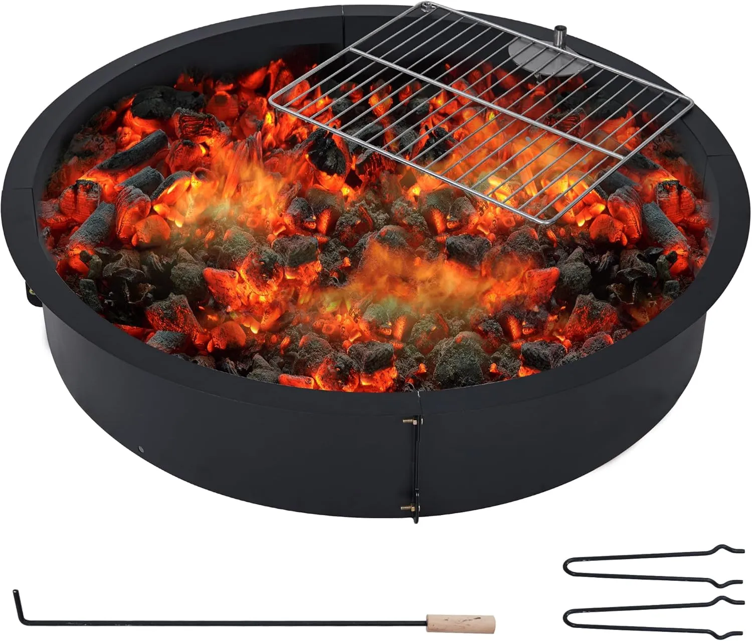 Fire Pit Ring with Grill Grate, 36" x 36" x 7.8" Steel Firepit Cooking Ring, Black, Round, Wood Compatible