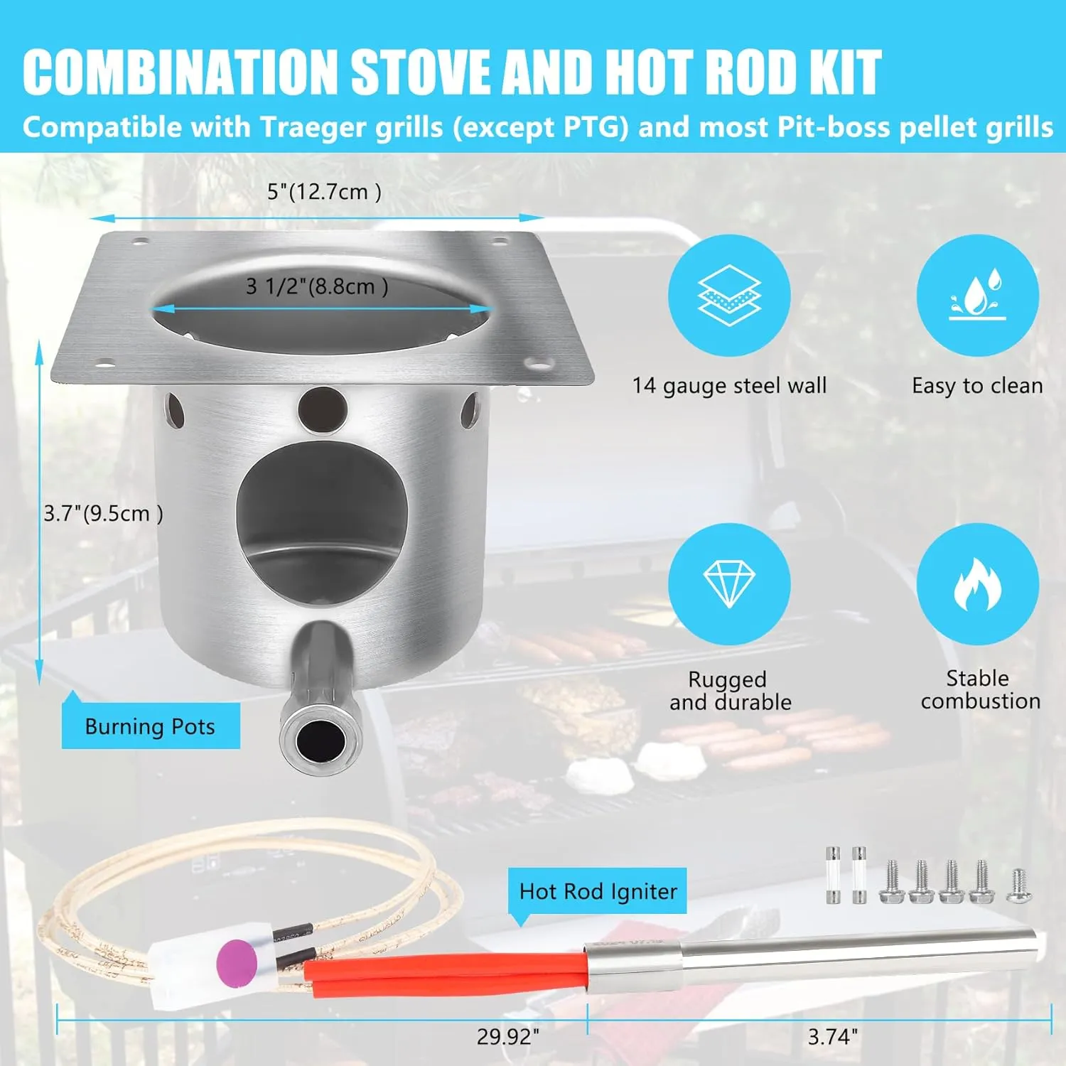 Fire Pot Burn Pot and Hot Rod Ignitor Kit, Heavy Duty Steel Fire Burn Pot with Screws, Fuse, Hot Rod Ignitor, Replacement Parts for Traeger & Pit Boss Wood Pellet Grill Smoker