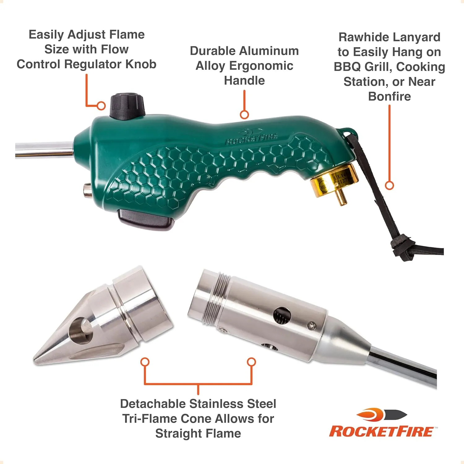 Fire Starter Torch | Perfect Propane Torch Head, Grill Gun, Charcoal Torch | Compatible with Bernzomatic Propane & MAP/PRO Fuels | Stainless Steel Tri-Flame Tip | Fuel NOT Included | Green