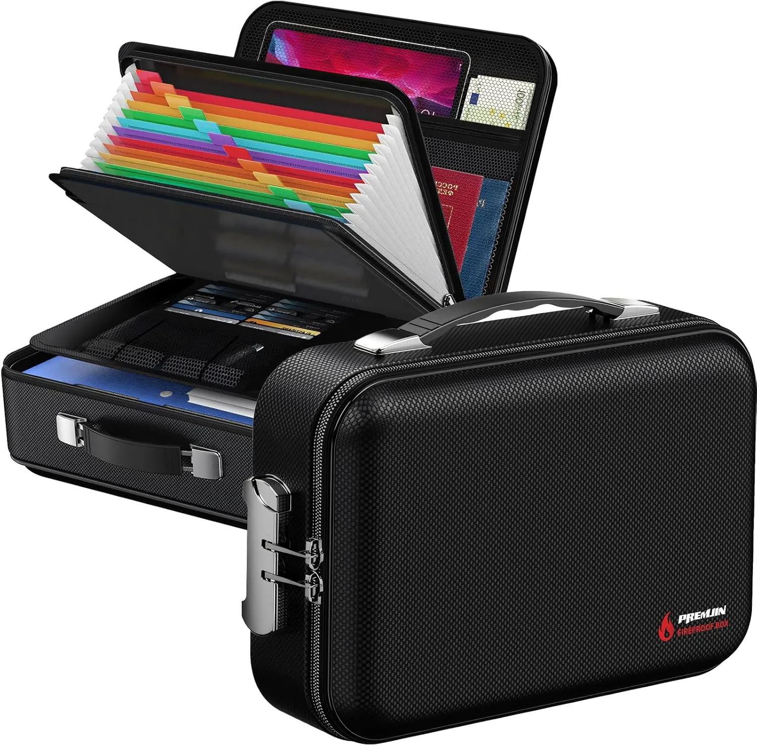 Fireproof Document Box with Lock, Large Hard Fireproof File Organizer Heat Insulated Fireproof Waterproof Box Portable Home Travel Safe Storage for Important Documents Files Laptop Passports Black