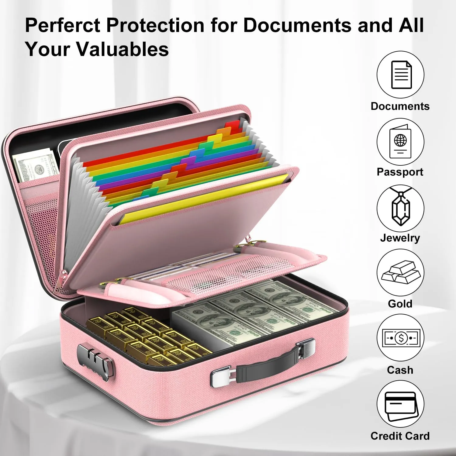 Fireproof Document Organizer, Hard Case Fireproof Document Box with Lock Hard-Shell Design Fireproof Water Resistant Document Box for Important Documents Certificates Laptop Passports Pink