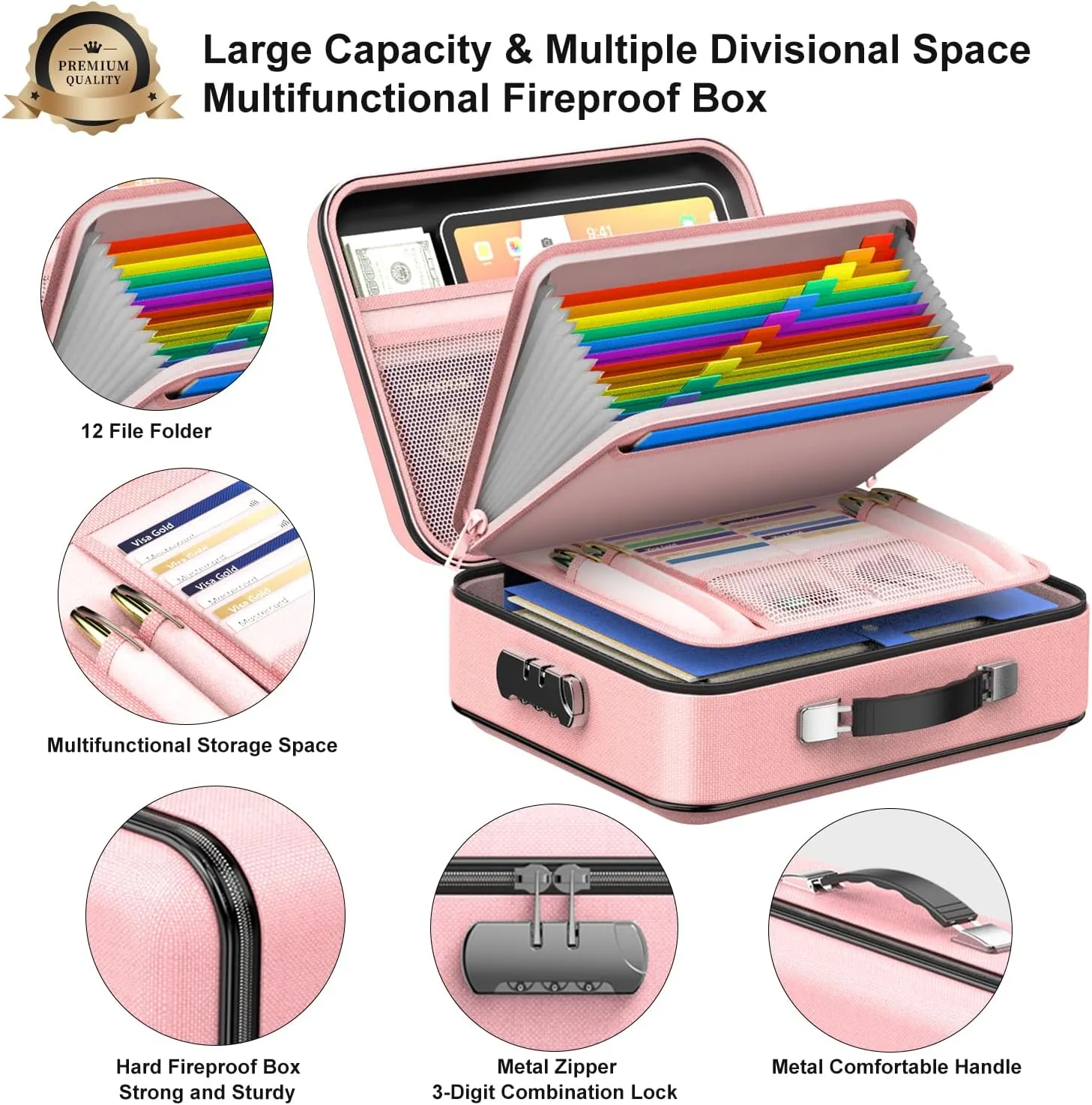 Fireproof Document Organizer, Hard Case Fireproof Document Box with Lock Hard-Shell Design Fireproof Water Resistant Document Box for Important Documents Certificates Laptop Passports Pink