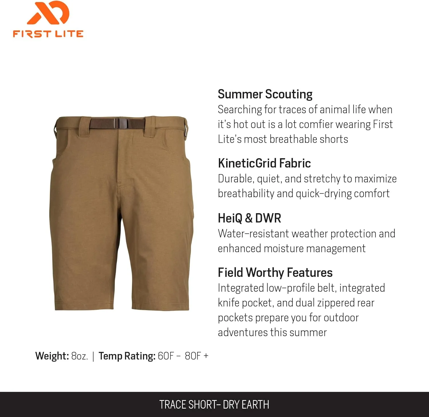First Lite Men's Trace Short - Ultralight Breathable Hunting Shorts