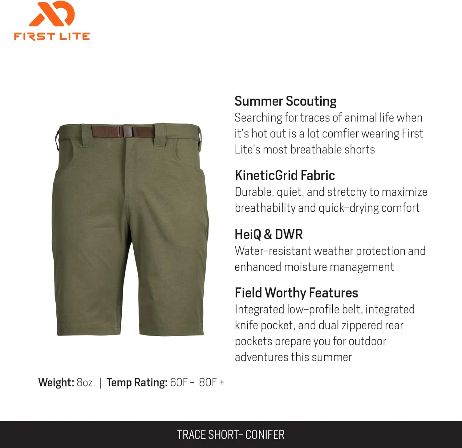 First Lite Men's Trace Short - Ultralight Breathable Hunting Shorts