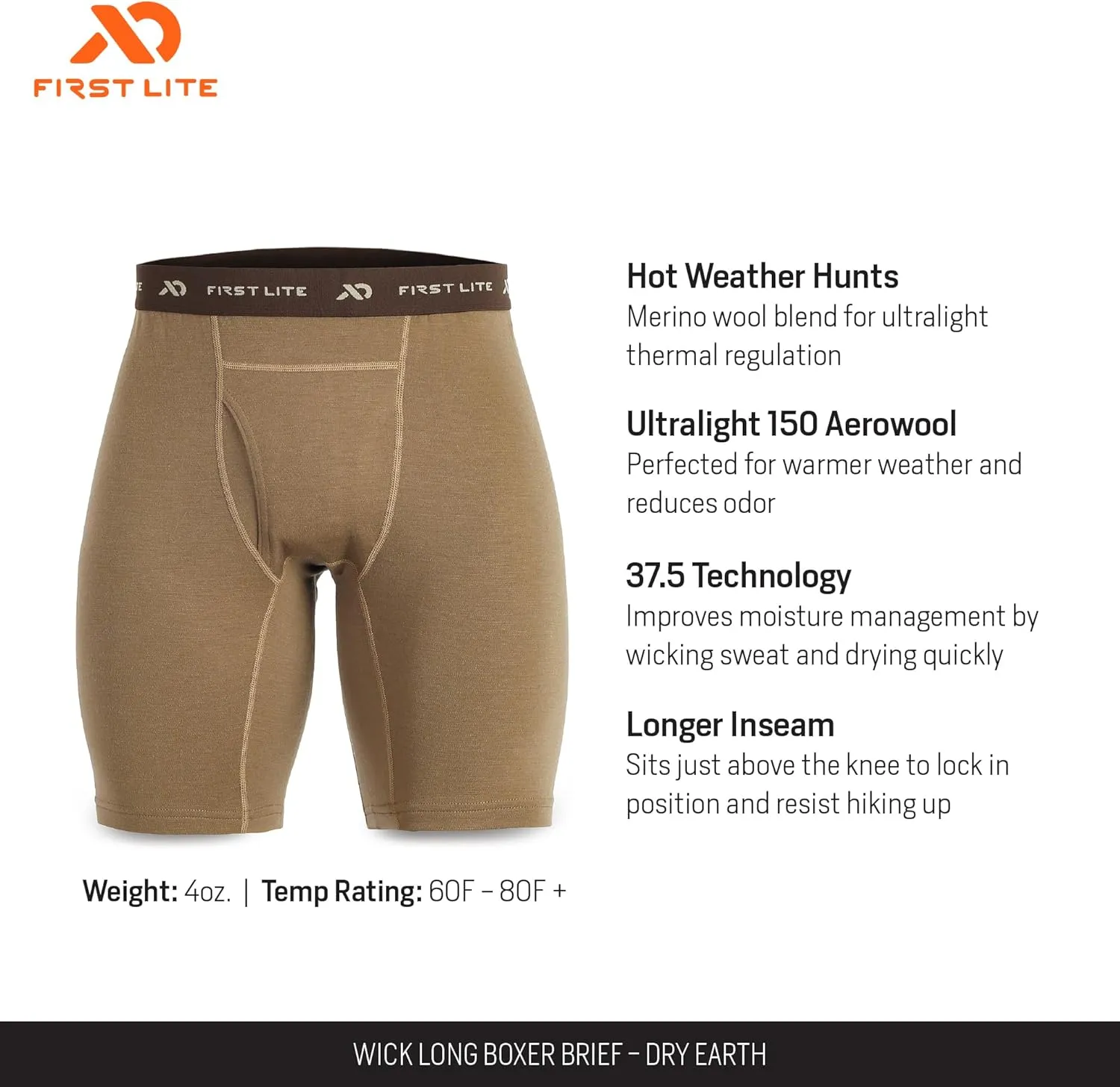 First Lite Men's Wick Long Boxer Brief - Lightweight Breathable Merino Wool Underwear