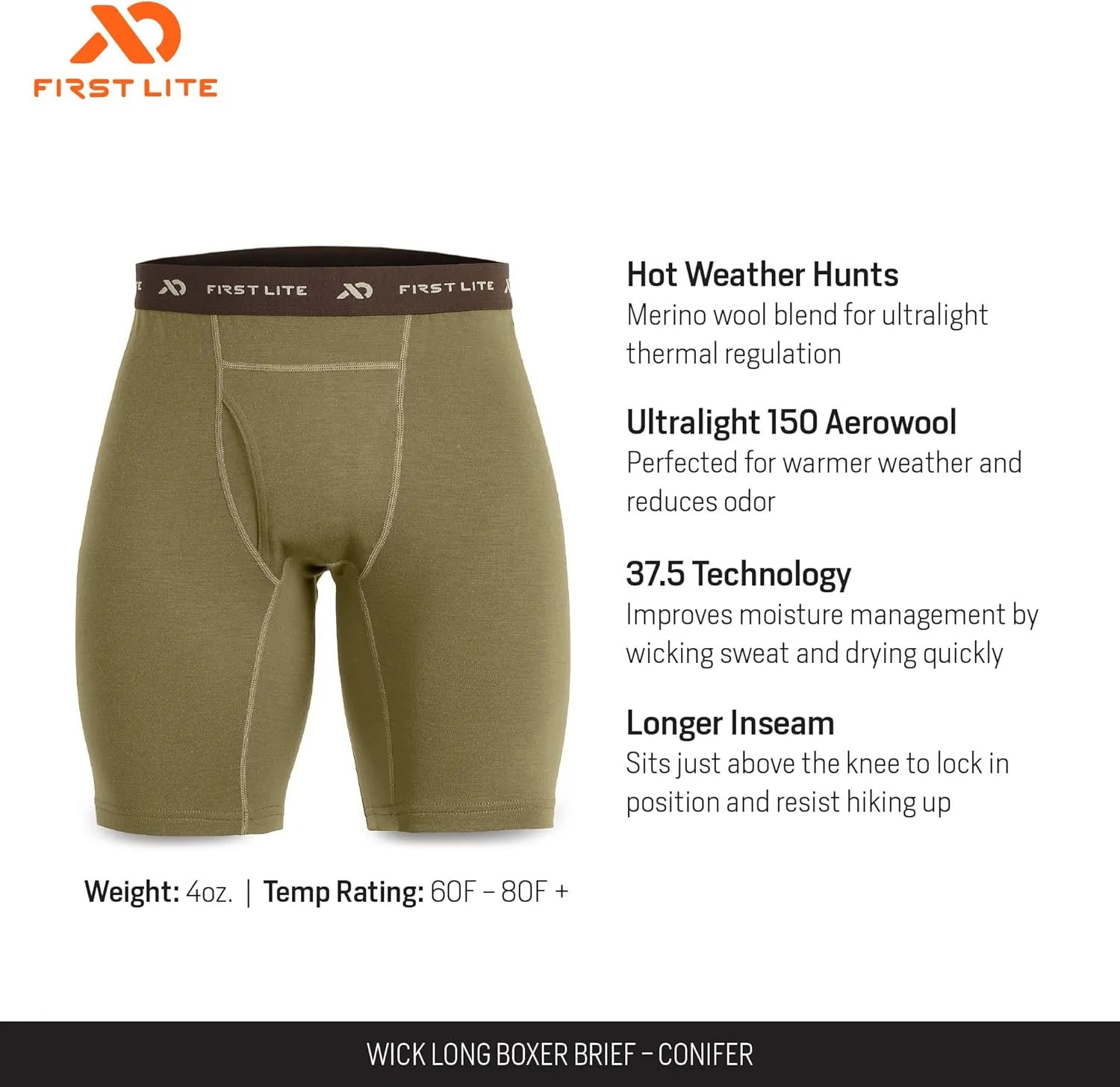 First Lite Men's Wick Long Boxer Brief - Lightweight Breathable Merino Wool Underwear