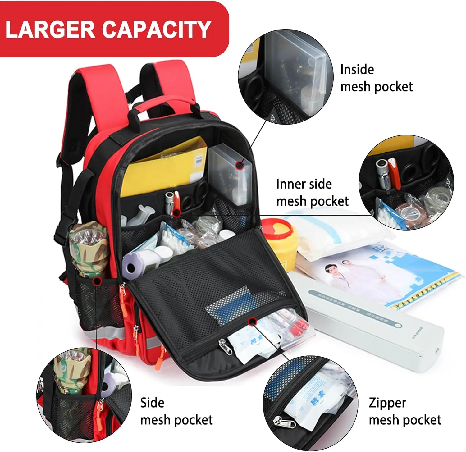 First Responder Bag Medical Backpack Empty,Trauma Backpack with Reflective,Medical Emergency Kits for Outdoor Travel Camping,Bag Only(Red)