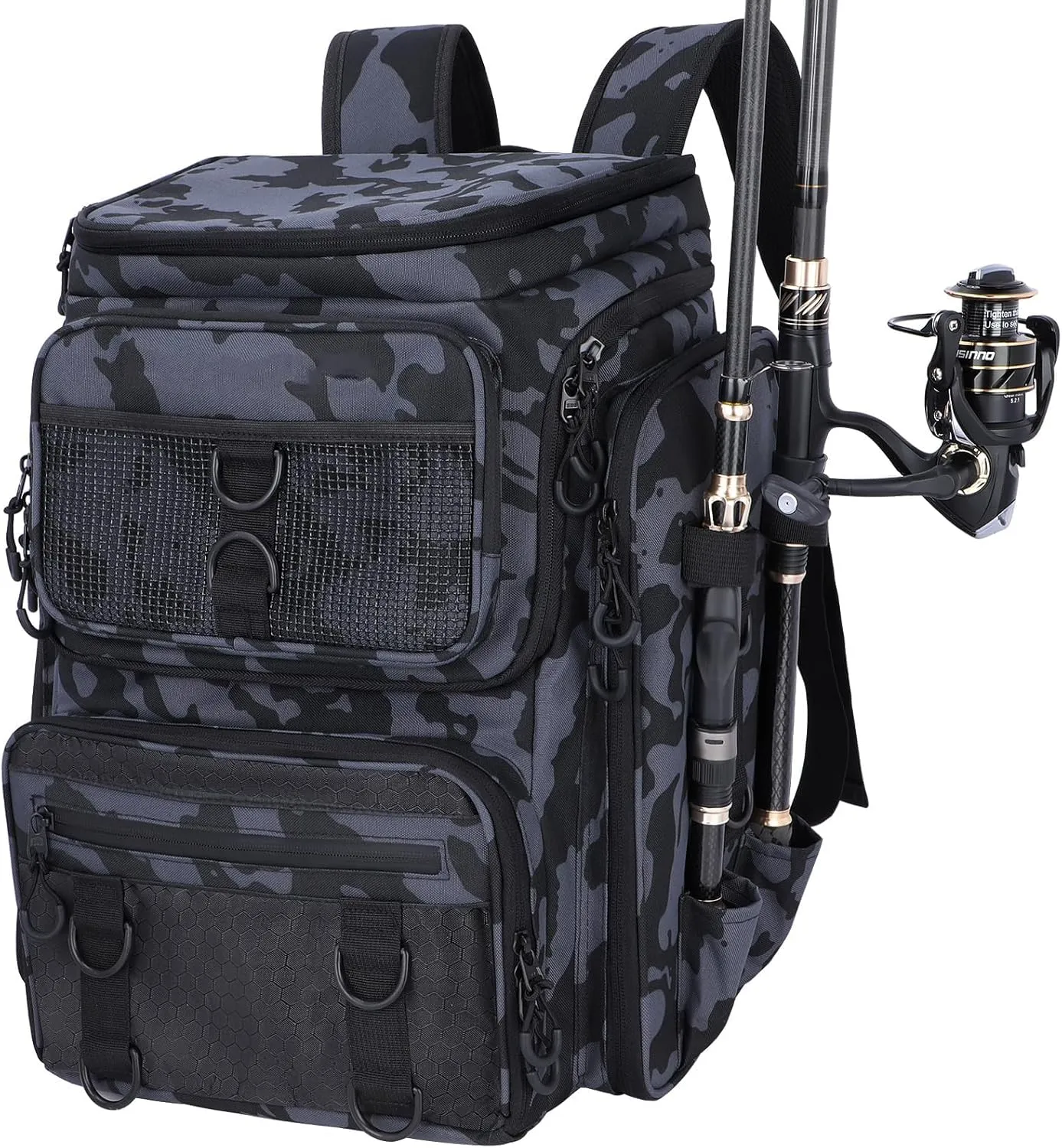 Fishing Backpack with Rod Holder, Waterproof Fishing Bag for Fishing Gear, 42L Large Capacity Tackle Box Backpack (Black Camo)