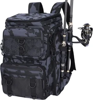 Fishing Backpack with Rod Holder, Waterproof Fishing Bag for Fishing Gear, 42L Large Capacity Tackle Box Backpack (Black Camo)