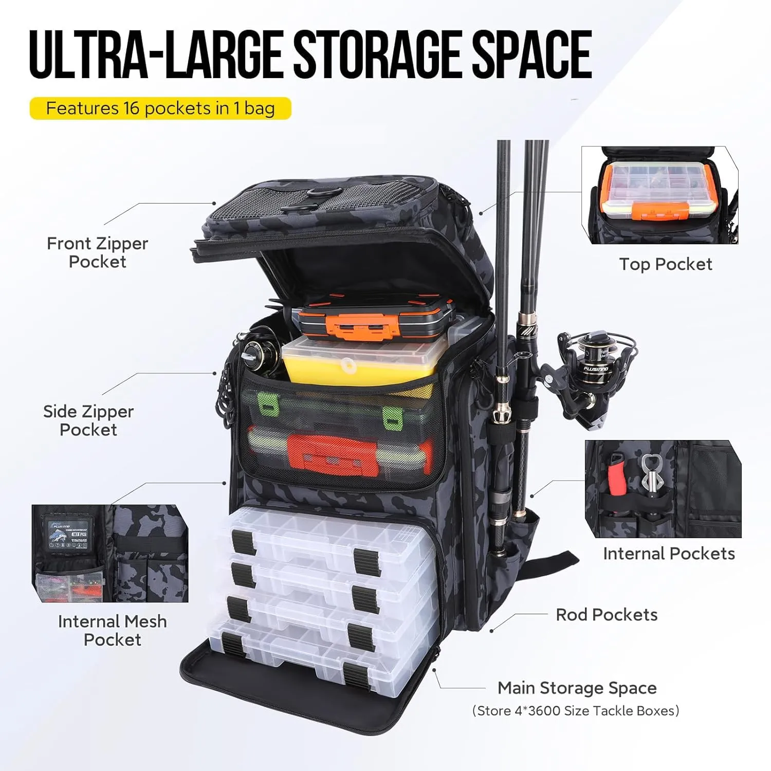 Fishing Backpack with Rod Holder, Waterproof Fishing Bag for Fishing Gear, 42L Large Capacity Tackle Box Backpack (Black Camo)