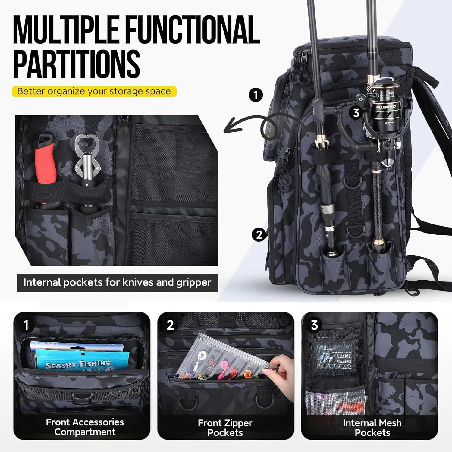 Fishing Backpack with Rod Holder, Waterproof Fishing Bag for Fishing Gear, 42L Large Capacity Tackle Box Backpack (Black Camo)