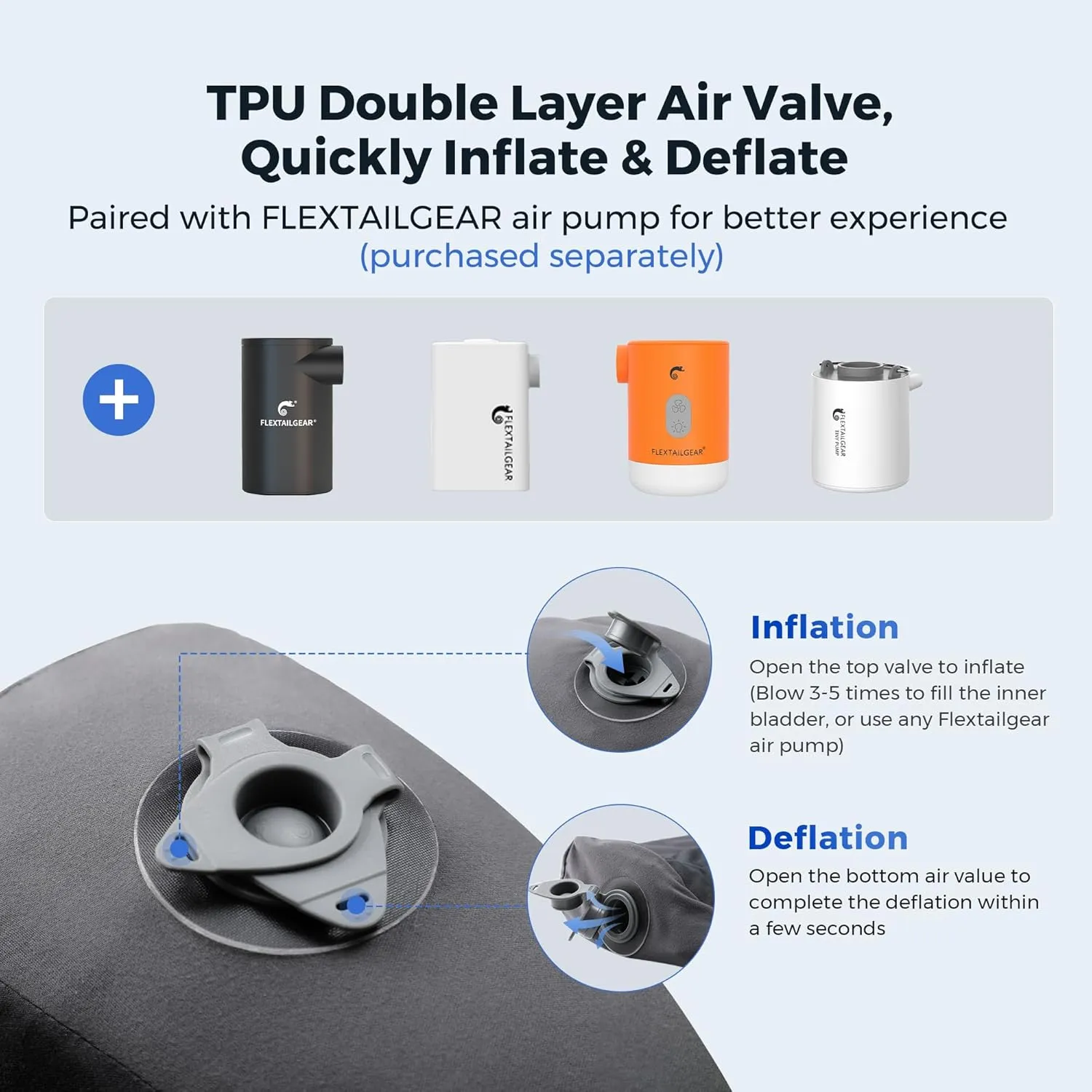FLEXTAILGEAR Inflatable Camping Pillow, Ergonomic Travel Pillow Backpacking Gear with Washable Removable Cover Separate TPU Bladder for Camp, Hiking, Airplane, Road Trip, Office