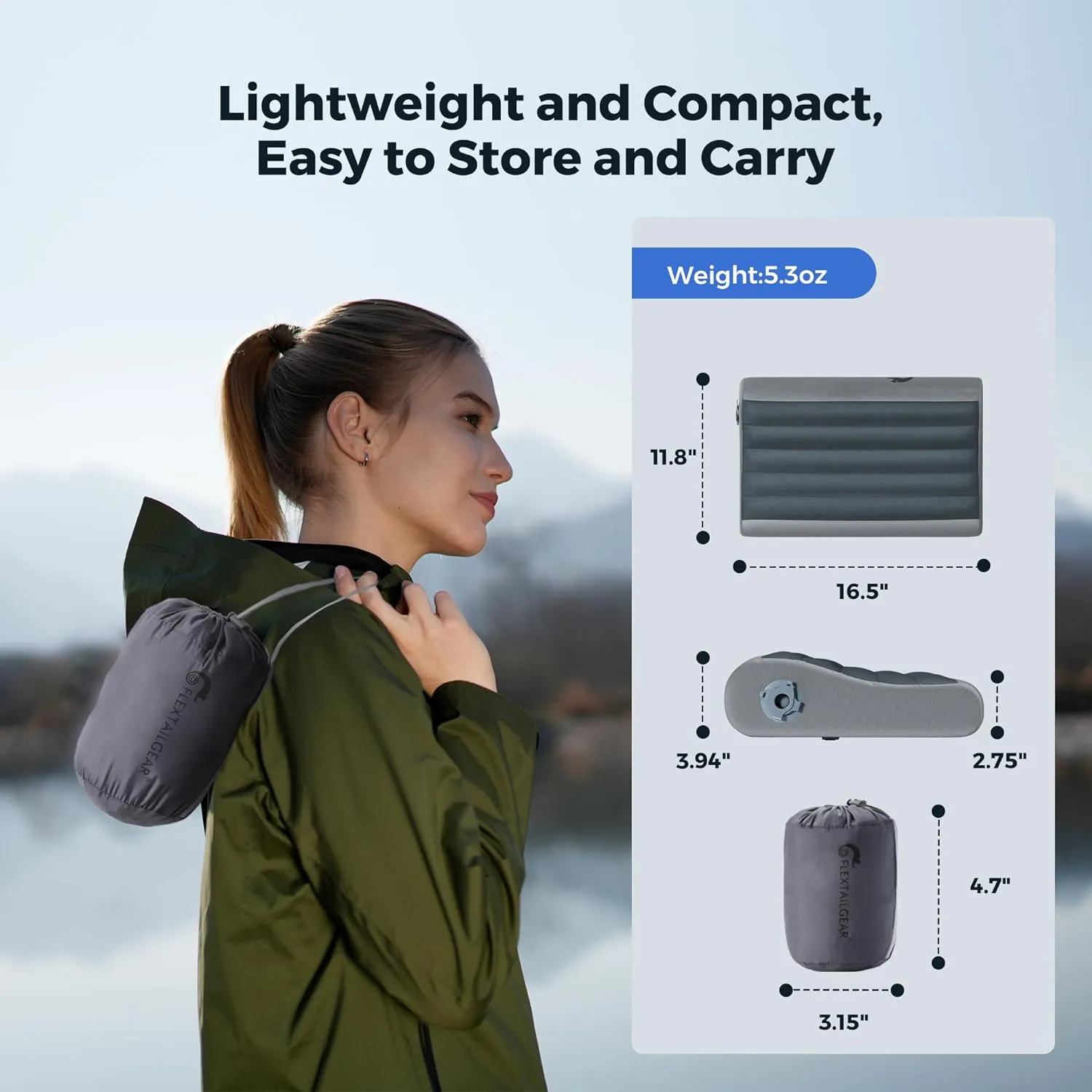 FLEXTAILGEAR Inflatable Camping Pillow, Ergonomic Travel Pillow Backpacking Gear with Washable Removable Cover Separate TPU Bladder for Camp, Hiking, Airplane, Road Trip, Office