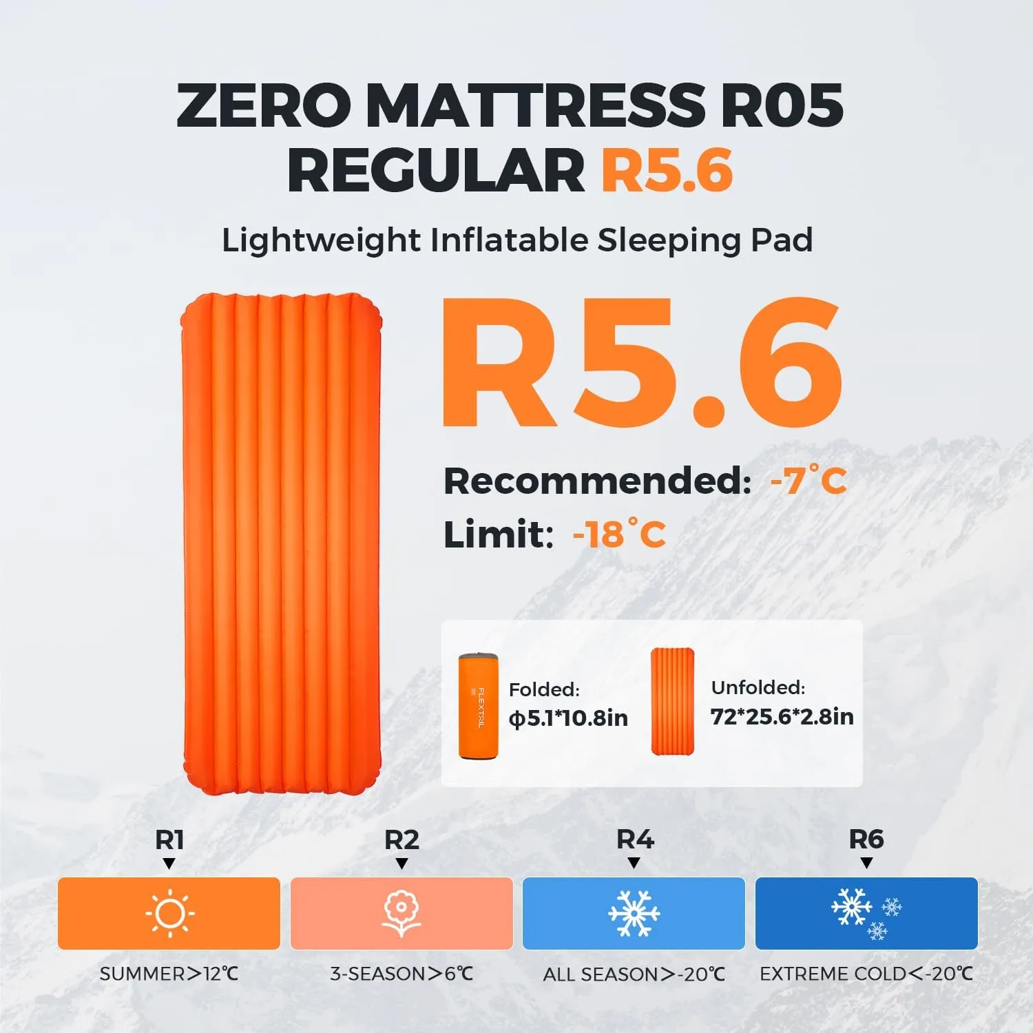 FLEXTAILGEAR Inflatable Sleeping Pad with 5R Value – Ultralight 2.8 Inch Camping Mattress, 4 Seasons Compact Air Mattress for Camping Traveling Backpacking Hiking