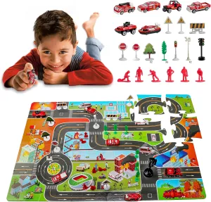 Floor Puzzle for Kids Ages 3-8 with Die-cast Fire Rescue Vehicle Toys Playset, 24 Pieces 35In x 23In, Educational Learning Gifts Boys & Girls