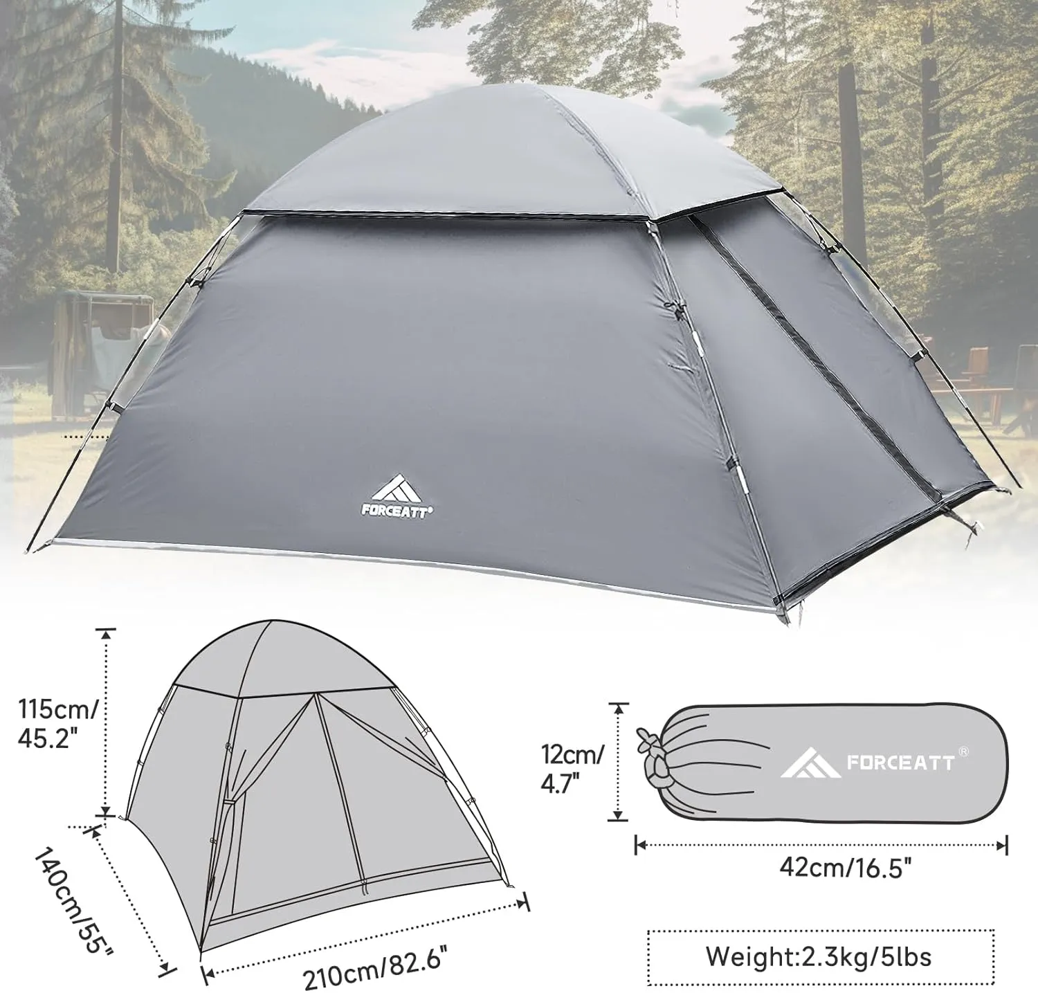 Forceatt 2 Person Backpacking Tent, Easy Setup Dome Tent, Lightweight Portable Camping Tent for Camping, Festivals, Backyard, Sleepovers and Beach