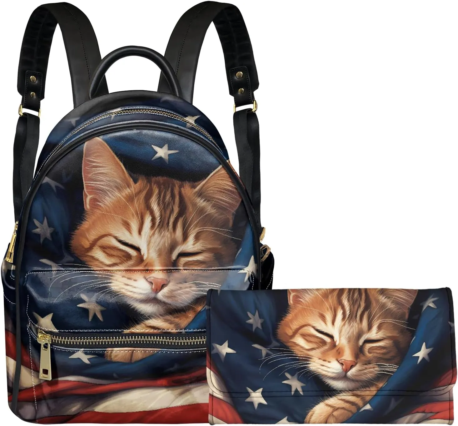 Forchrinse American Flag Cat Womens Backpack and Purse,Fashion 2 Piece Patriotic Small Leather Backpack Shoulder Bag with Long Purse RFID Blocking Wallet