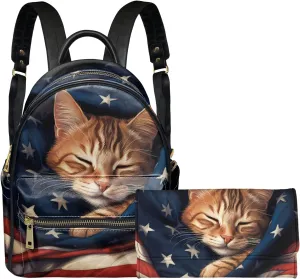 Forchrinse American Flag Cat Womens Backpack and Purse,Fashion 2 Piece Patriotic Small Leather Backpack Shoulder Bag with Long Purse RFID Blocking Wallet