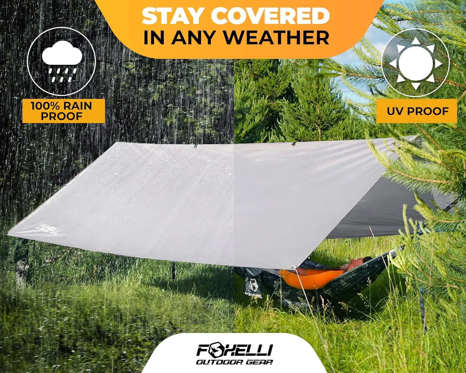 Foxelli Camping Tarp - 12x10ft Waterproof Rain Tarp, Lightweight Backpacking Rainfly Shelter with Included Extra Long Guy Lines & Stakes