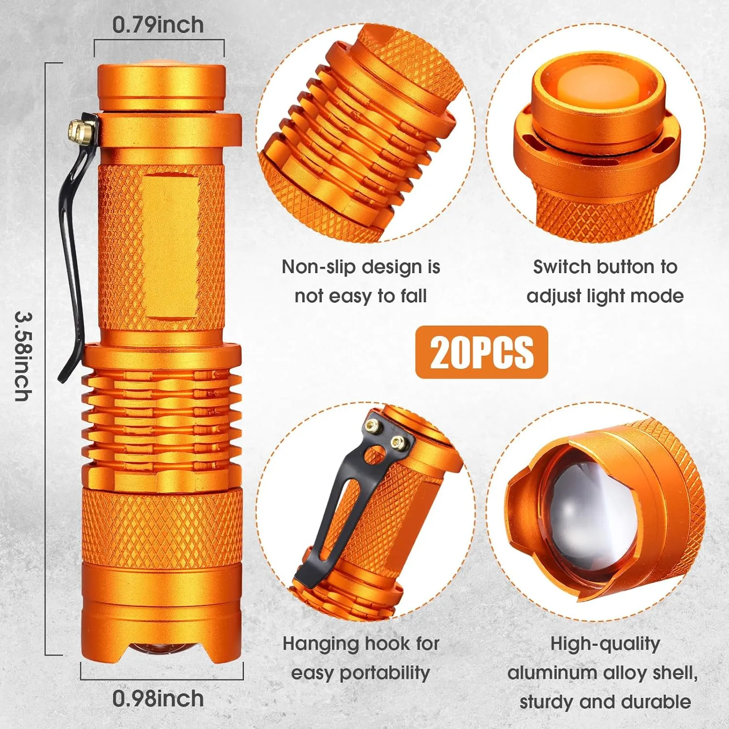 Fumete 20 Pieces LED Flashlight Mini 3 Mode Tactical Torch Small Water Resistant Pocket Flash Light Adjustable Focus Light Pen for Men, Father, Indoor Outdoor Hiking(Orange)