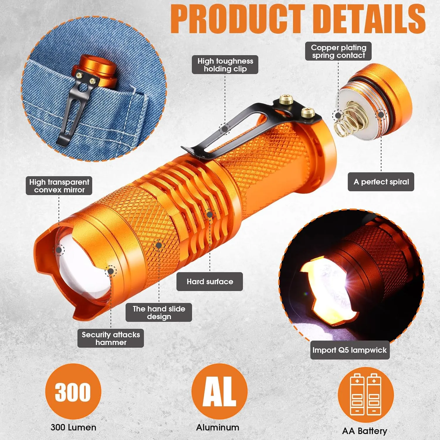 Fumete 20 Pieces LED Flashlight Mini 3 Mode Tactical Torch Small Water Resistant Pocket Flash Light Adjustable Focus Light Pen for Men, Father, Indoor Outdoor Hiking(Orange)
